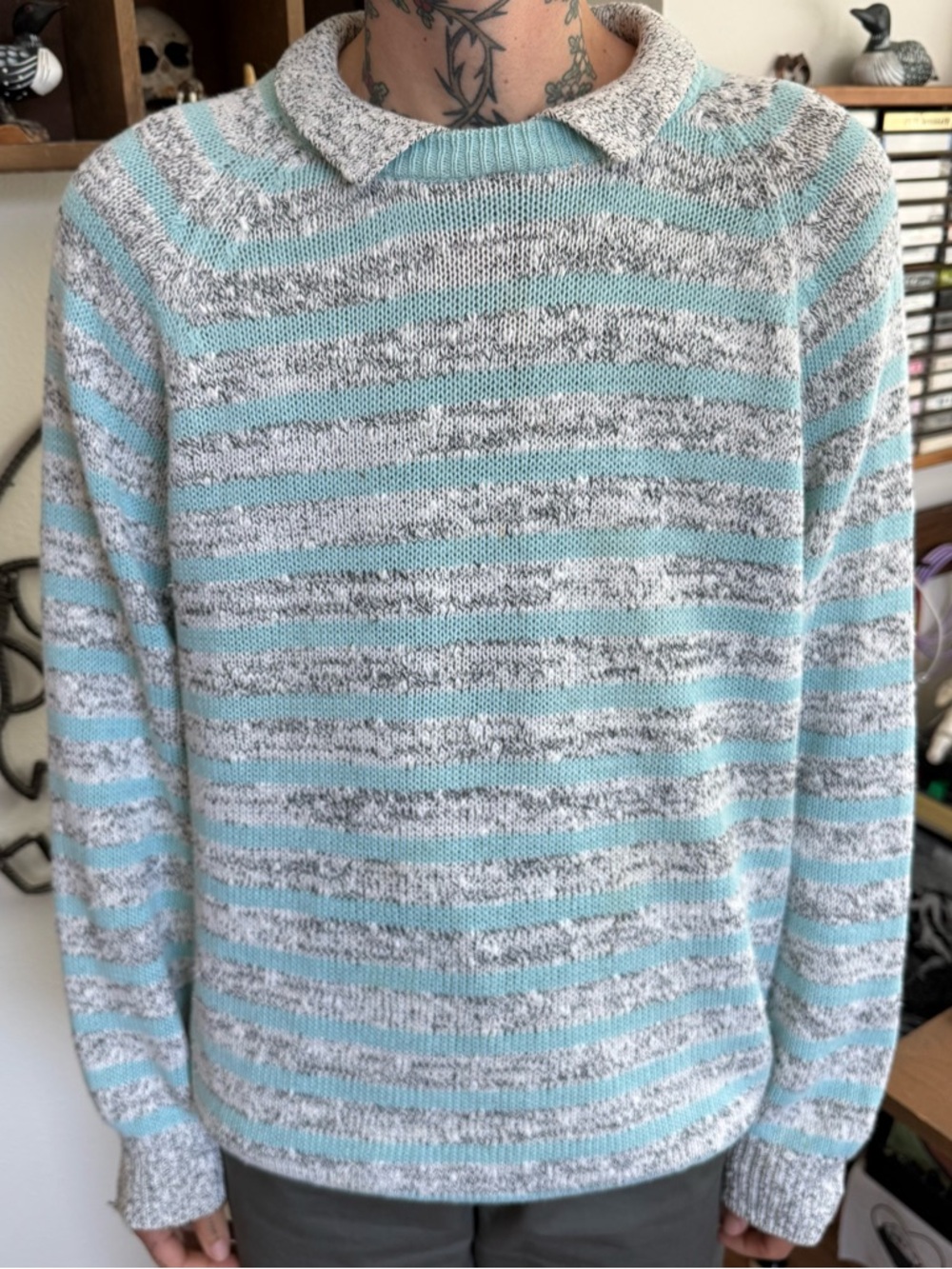 Vintage 80s Striped Collared Knit Sweater The Fox Collection ~ Size Large